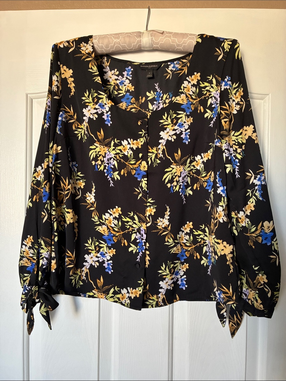 Banana Republic Black Floral Tie-Cuff Blouse with Blue and Yellow Accents